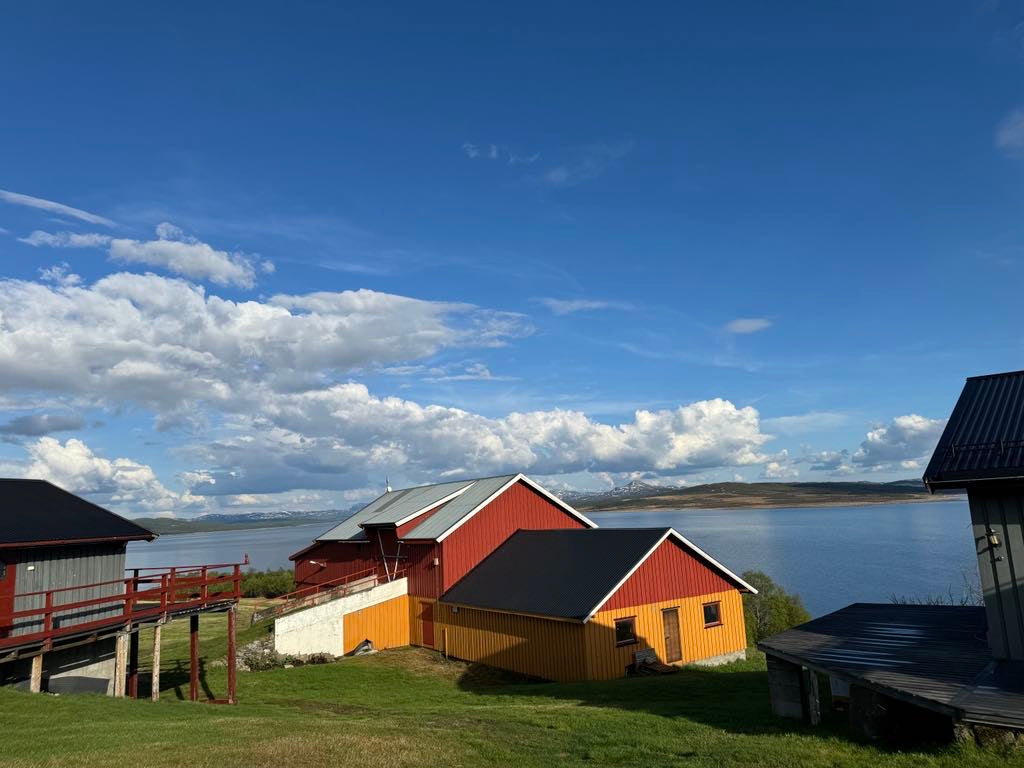 Røde og gule gårdshus på Vestre Førnes en sommerdag, med Møsvatn og fjellene bak