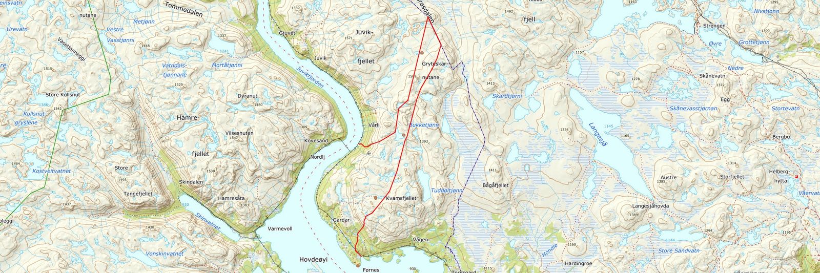 Kartutsnitt som viser eiendomsgrensene for Førnes og Galar langs Møsvatn, med hyttene markert