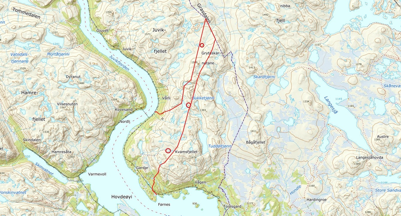 Kartutsnitt over jaktterrenget ved Møsvatn med jaktfeltets grense og hyttene inntegnet i rødt