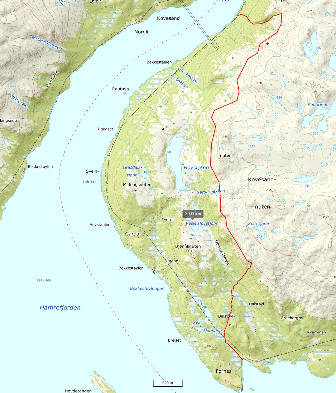 Kart over småviltterrenget: området fra Møsvatn og opp til høydekurven på 1200 moh er tegnet inn med rød strek
