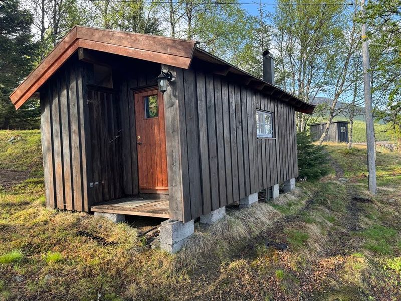 Knøttebu i bjørkeskogen ved moloen på Førnes, med torvfarget tak og trapp opp til døra